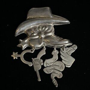 Vintage Taxco 925 Sterling Silver Brooch Cowboy Hat Boot Dangle Charms 13.5g 3"